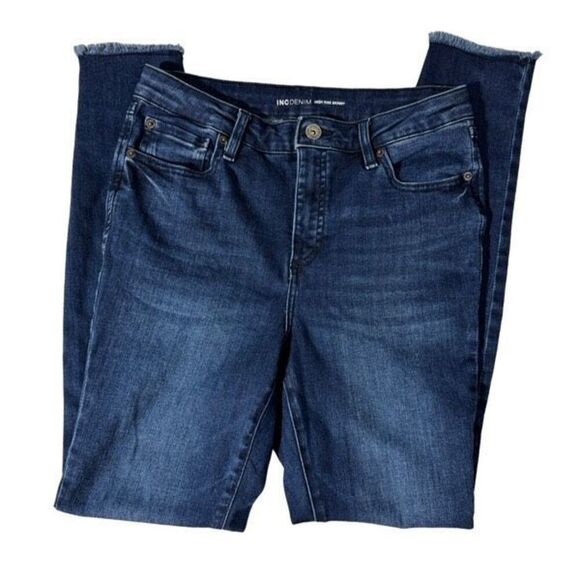 INC Denim High Rise Dark Blue Denim Skinny Jeans Size 6 with frayed cuff - Picture 2 of 5